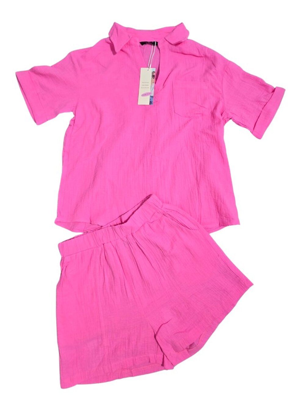 NWT | Hot Pink 2 Piece Cotton Gauze Shorts Set Short Sleeve Pockets | Small